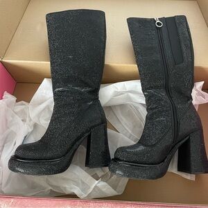 Sugar Thrillz x Dolls Kill Black Bling Rhinestone Platform Knee High Boots - 9